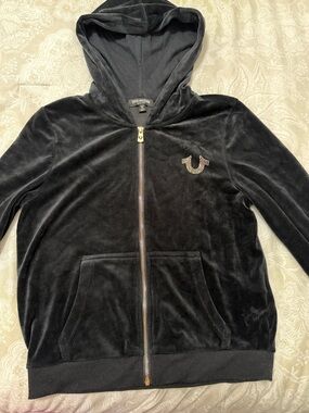 True Religion Black Velour Zip Hoodie with Rhinestone Horseshoe